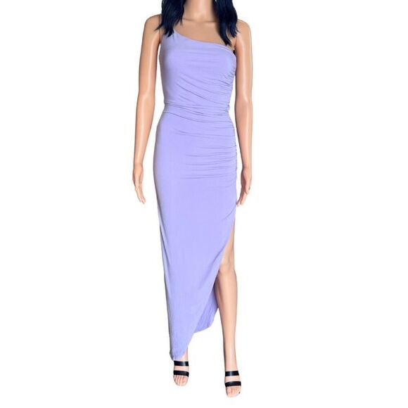NWT Nookie Aria One Shoulder Gown Lilac M Ruched Slit Bodycon Maxi Prom Gala - Picture 3 of 6